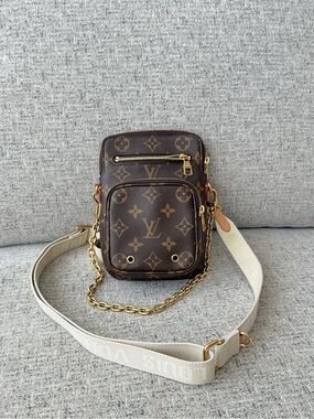 Authentic Louis Vuitton Utility Brown Monogram Crossbody Pouch with Cream Strap